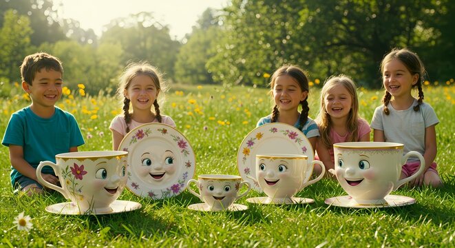 Happy children enjoy a whimsical tea party with enchanted dishware in a meadow
