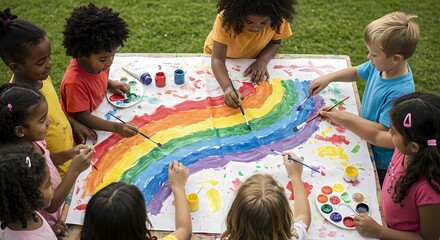 Diverse children collaboratively painting a vibrant rainbow on a large canvas