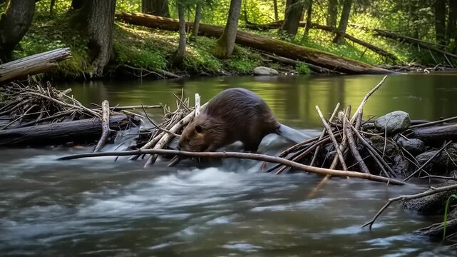 Beaver building a dam in a serene forest stream surrounded by lush greenery and soft sunlight