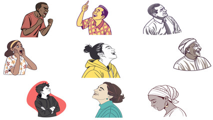 Fototapeta premium Emotional People Silhouette Illustration Set – Diverse Facial Expressions Including Anger, Joy, Stress, Laughter, Shouting, and Calm Reactions for Posters, Editorials, Comics, and Graphic Design.