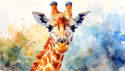 A captivating portrait of a giraffe, rendered in vibrant watercolor, showcasing its expressive eyes and intricate patterns against a backdrop of dynamic, painterly splashes of color.