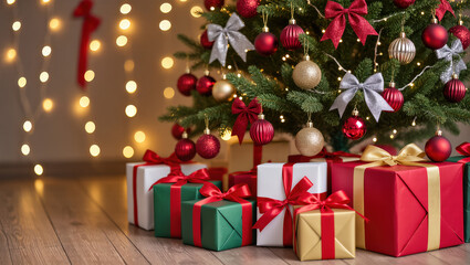 Christmas tree with red and gold ornaments and festive gift boxes wrapped in colorful paper and ribbons under warm decorative lights