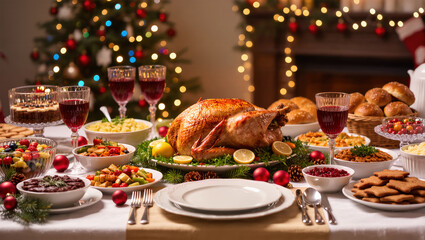 Christmas dinner table with roasted turkey, wine, vegetables, desserts and festive decorations in cozy holiday interior with glowing lights