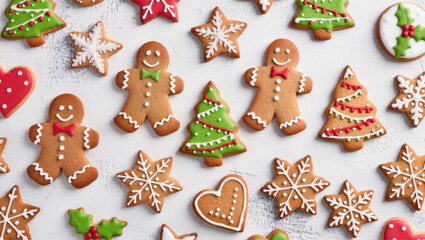 Christmas gingerbread cookies shaped like stars, trees, hearts and men decorated with colorful icing on white background