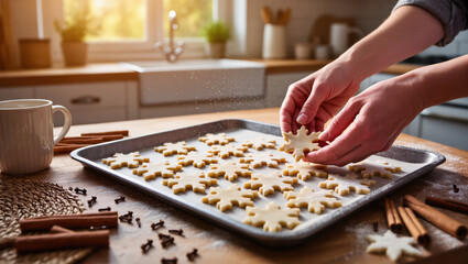 Christmas cookie preparation with snowflake-shaped dough placed on baking tray by hands in cozy kitchen with natural sunlight