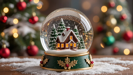 Christmas snow globe with snowy house and pine trees inside, surrounded by glowing holiday lights and festive decorations