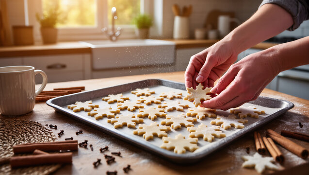 Christmas cookie preparation with snowflake-shaped dough placed on baking tray by hands in cozy kitchen with natural sunlight