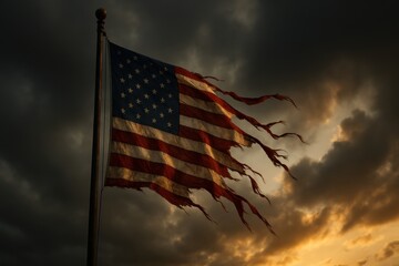 Dramatic tattered American flag waving against a stormy sky symbolizing resilience