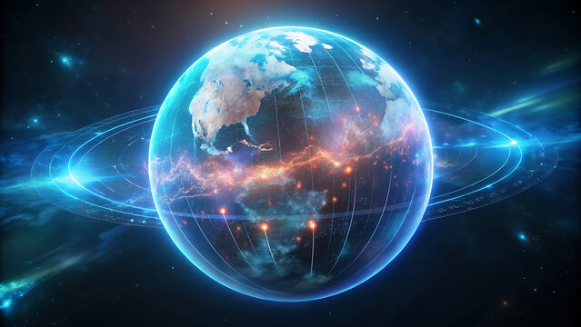 Glowing holographic planet of financial progress futuristic economy stock trading hologram global design - Powered by Adobe