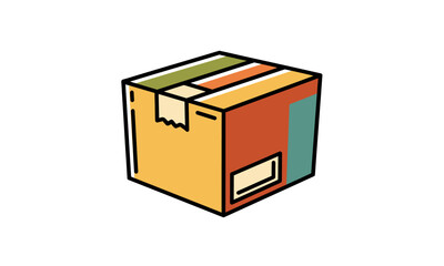 Colorful Cartoon Cardboard Shipping Box with Tape and Label.