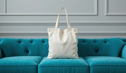 White canvas tote bag on a turquoise tufted sofa with gray paneled wall clean, stylish setup ideal for branding, fashion mockups, or interior lifestyle visuals.