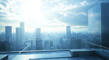 Breathtaking City Skyline View From Rooftop With Sunlight Play