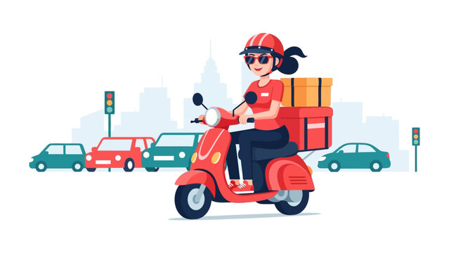 Delivery Rider's Ride: A cheerful rider, navigating city traffic on a retro scooter, effortlessly transports a package, embodying modern convenience and efficiency. 