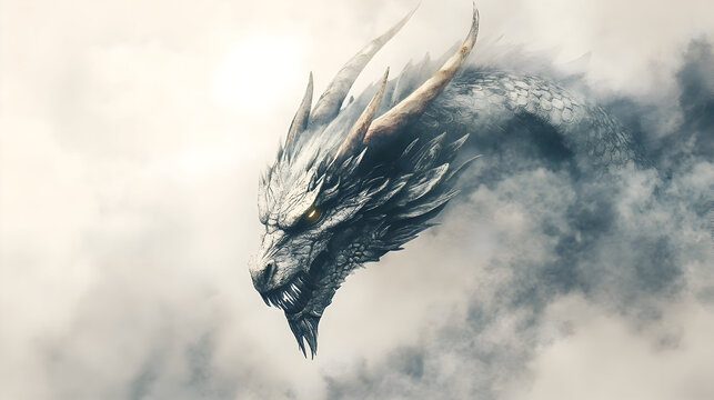 Mythical dragon head in misty clouds