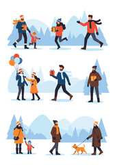 Naklejka premium People enjoying winter holiday season activities outdoors amidst snowfall