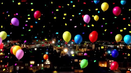 Dark black background with colorful glowing confetti falling, shiny balloons floating, sparkling fireworks bursting, festive lights glowing - Powered by Adobe