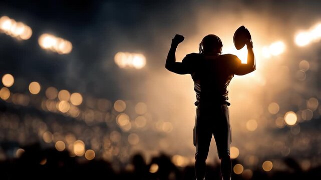Backlit male football player celebrating victory in stadium under bright stadium lights