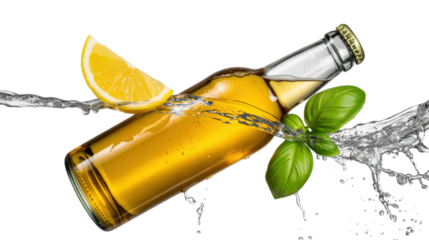 Refreshing Beer Bottle with Lemon and Basil in Water Splash on Transparent Background