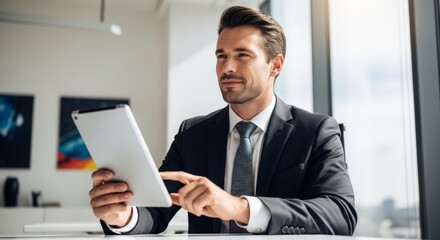 Fototapeta premium Confident businessman in suit reviewing tablet data in modern office with city view