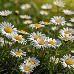 Fototapeta premium White daisies blooming on green grass under sunlight, fresh and natural.