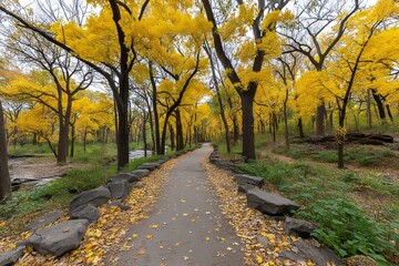 Obraz premium Vibrant autumn path lined with golden trees in a serene park during fall