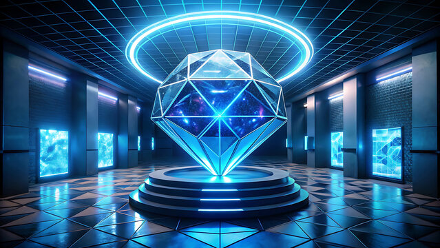 Luxurious diamond displayed inside futuristic hologram jewel glowing gemstone luxury digital design