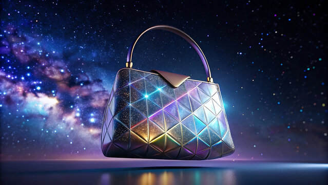 Luxury handbag glowing with holographic patterns futuristic fashion retail luxury accessory digital design  