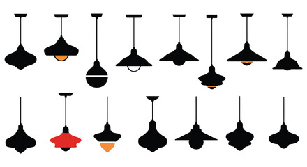 various hanging lamps designs shown in black and white silhouette