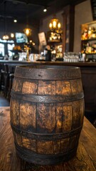 Rustic wooden barrel sits prominently in a dimly lit bar setting.