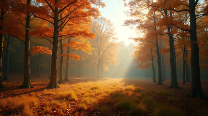 Golden hues of autumn sunlight pierce through a majestic forest, illuminating the fallen leaves and creating a serene, enchanting landscape