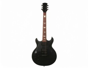 Naklejka premium A black electric guitar with a brown fretboard is centered against a white background.