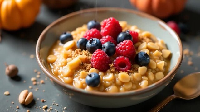 A warm bowl of oatmeal topped with fresh berries and crunchy nuts, perfect for a quick breakfast or snack