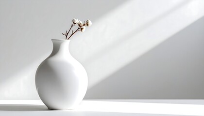 A simple, elegant white vase holds a delicate cotton branch against a backdrop of soft, diffused light.