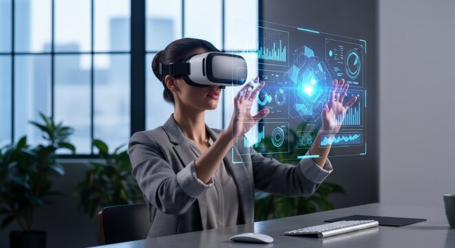 Businesswoman using VR headset interacts with futuristic holographic data interface in modern office