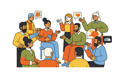 Diverse group of people engaged in animated discussion and collaboration.