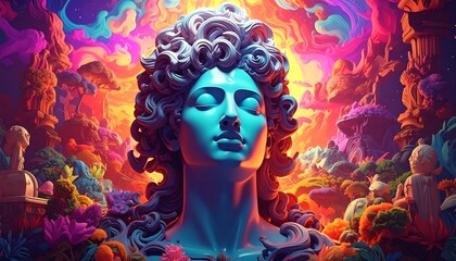 Bust in vibrant fantasy garden