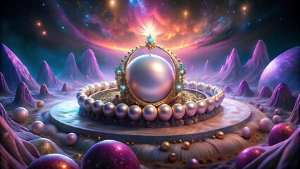 Surreal glowing pearl necklace resting on velvet futuristic luxury jewel holographic jewelry design  