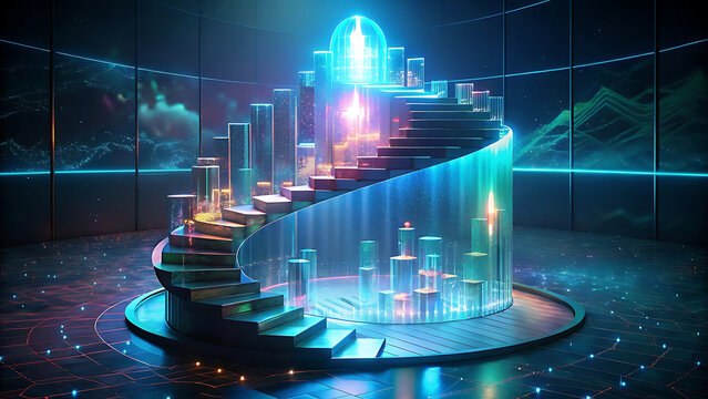 Surreal glowing holographic staircase made of finance charts futuristic trading hologram stock design  