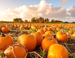 A vibrant field of pumpkins stretches out under a beautiful autumn sky, showcasing a rich harvest.