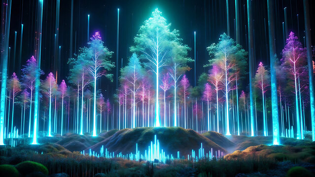 Surreal holographic forest with glowing graphs futuristic finance hologram stock digital trading design - Powered by Adobe