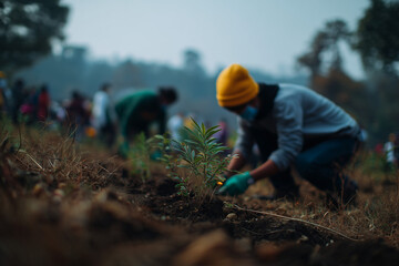 Volunteers Planting Trees for Reforestation Project