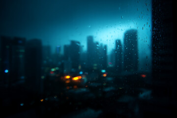 Night traffic in city: raindrops on glass