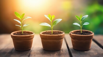 Obraz premium Growth of Young Plants in Terracotta Pots Against Natural Background