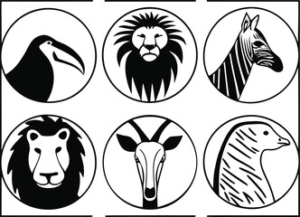 Six circular icons featuring black and white drawings of zoo animals Keywords: animal, icon, circle