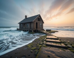 Rustic beach cabin withstands crashing waves at golden hour, evoking serenity and escape.