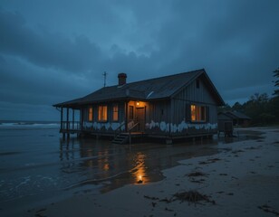 Cozy beach house glows warmly at dusk as waves gently lap the shore creating serene coastal ambiance