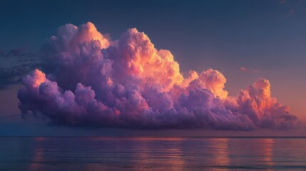 Dramatic colorful clouds gather over the calm ocean at sunset, reflecting in the water, creating a tranquil, serene, and beautiful seascape
