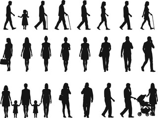 Silhouette Set of Walking People, Families, and Elderly with Canes for Urban Lifestyle, Generations, and Social Interaction Concepts
