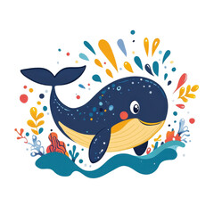 Playful cartoon whale with colorful ocean splashes and coral design. Cute smiling marine animal illustration for kids, transparent background PNG.