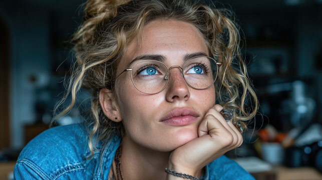 Thoughtful Young Woman with Glasses in Cozy Indoor Setting